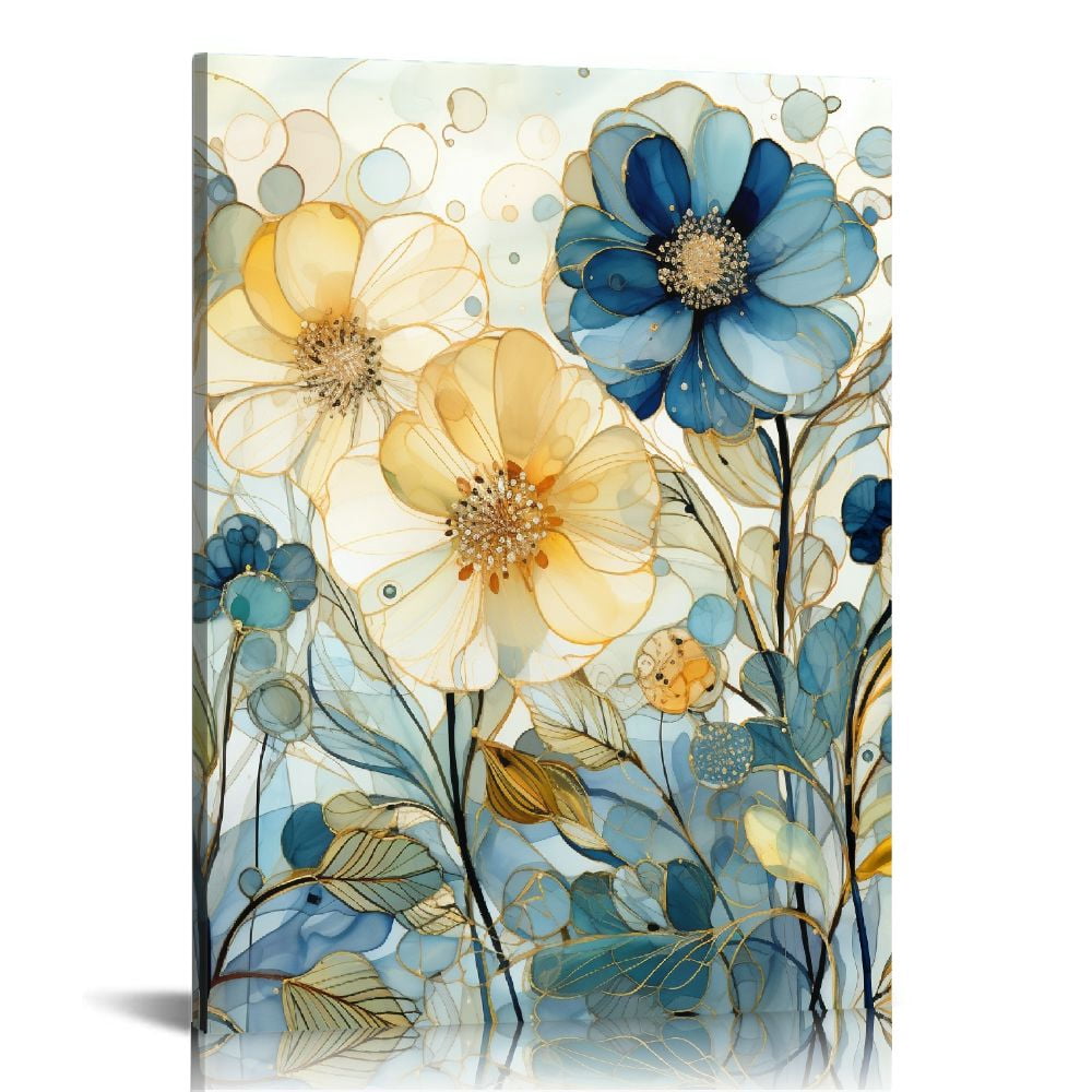 COMIO Abstract Flower Canvas Wall Art: Navy Blue Elegant Floral Artwork ...