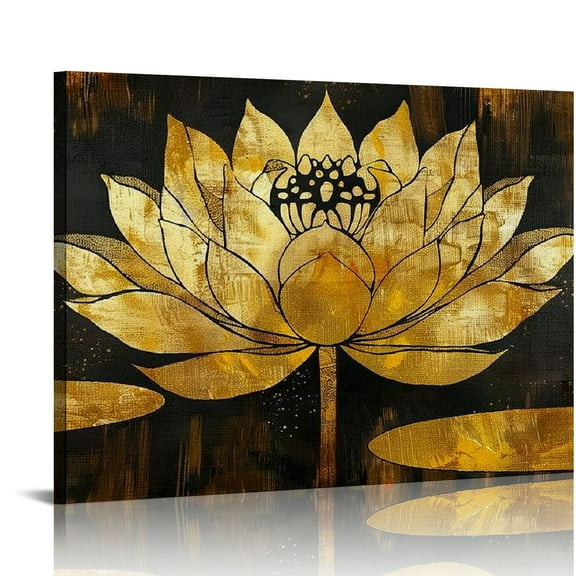 COMIO Abstract Lotus Canvas Wall Art Water Lily Flower Picture Print Artworks Gold and Black Floral Poster for Bedroom Living Room Home Wall Decor Framed Ready to Hang