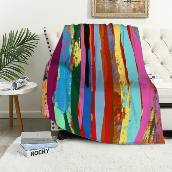 COMIO Abstract Multicolored Expressionist Work of Art Vibrant Rainbow Flannel Blanket Throw Exquisite Gifts White
