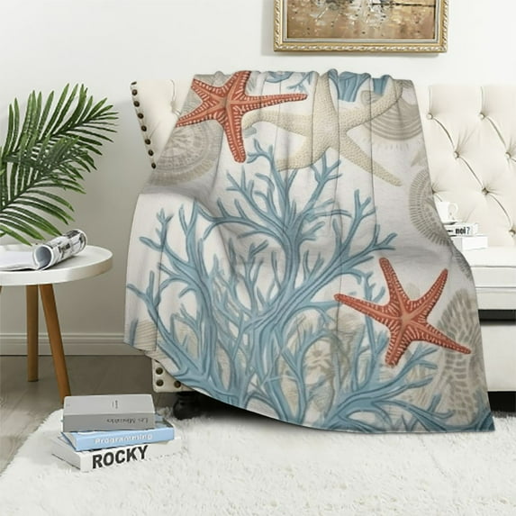 COMIO Abstract Nautical Coastal Throw Blanket,Watercolor Beach Ocean Theme Starfish Seashell Coral Lightweight Soft Blanket for Sofas,Couches,Beds,Camping,Travel