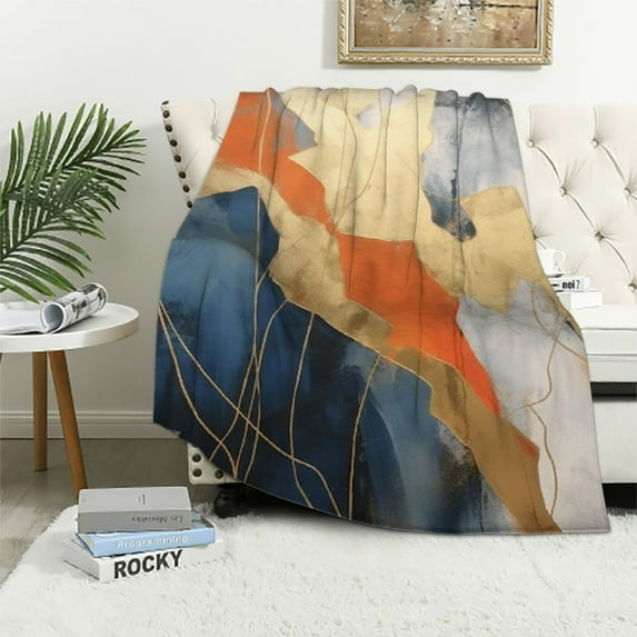 COMIO Abstract Pattern Throw Blanket Orange and Blue Golden Pattern Printed Throw Blanket for All Season Printed Flannel Throw Blanket for Couch Bed,Chair,Sofa,Room,Home Decor Blanket
