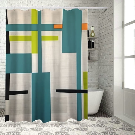 COMIO Abstract Teal Chartreuse Blue Green Grey Geometric Regular Shower Curtain Multiple Sizes for Bathroom White
