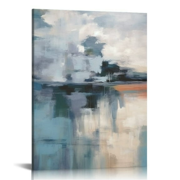 COMIO Abstract Wall Art Canvas Painting Pictures Wall Decor Large Canvas Art Lake Water Modern Artwork Contemporary Wall Decor Indigo Grey Blue for Home Office Decorations Framed Ready to Hang