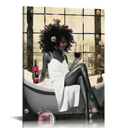 COMIO African American Wall Art Bathroom Decor Black Girl In Bathtub Canvas Wall Art Poster Prints Modern Pink Wall Decor Fashion Black Women Pictures Framed Artwork For Bathroom