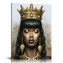 COMIO  African American Wall Art Black Queen with Golden Crown Inspirational Motivational Painting Canvas Print Black Girl Bedroom Decor Living Room Decor