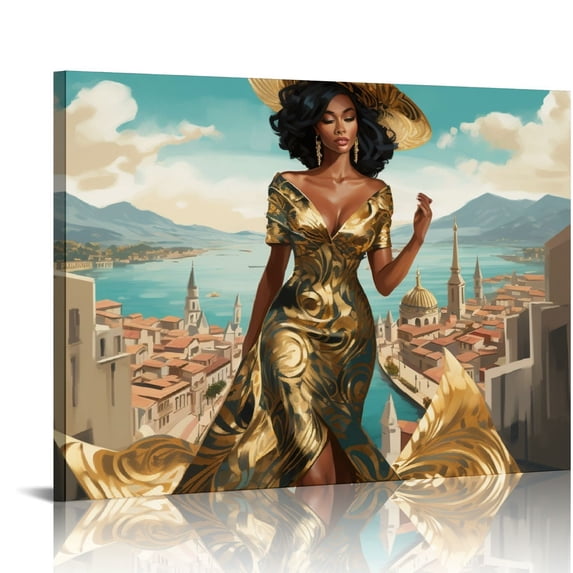 COMIO African American Women Canvas Wall Art Decor,Women's Popular Canvas Painting,Black Woman Silver Glitter Textured Canvas Print ,