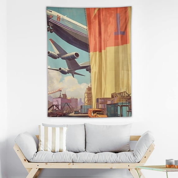 COMIO Airport Tapestry, Colorful Grunge Vintage Design Illustration of Air Cargo Plane and Containers, Fabric Wall Hanging Decor for Bedroom Living Room Dorm, 30X40 Inch