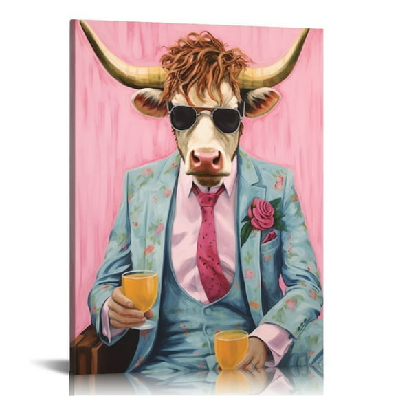COMIO Animal Decor Wall Art Highland Cow Wears Pink Flowers Suit with Glasses Canvas Prints Pictures Stretched and Framed Artwork for Living Room Bedroom Bathroom Home Walls Decoration