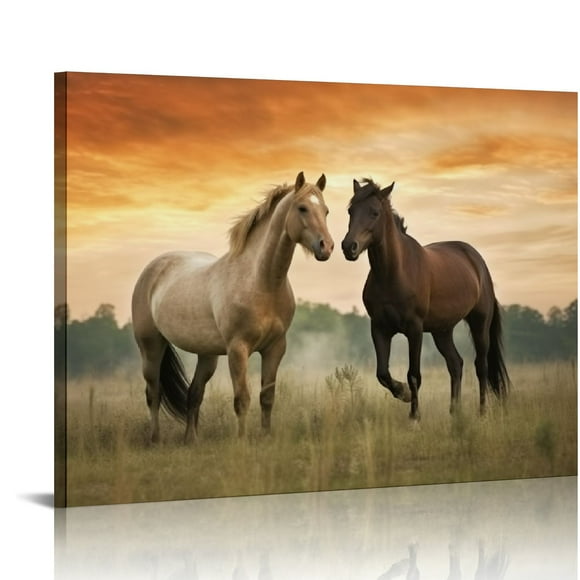 COMIO  Animal Horses Wall Art Painting - Wildlife Canvas Picture Western Lovely Horse Playing Running on Grass Artwork for Bedrooms Hallway