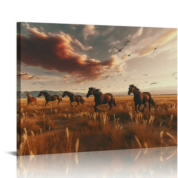 COMIO Animal Horses Wall Art Painting - Wildlife Canvas Picture Western Lovely Horse Playing Running on Grass Artwork for Bedrooms Hallway