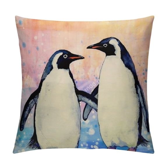 COMIO Animal Throw Pillow Cushion Cover, Watercolor Adorable Couple Penguins Lovers Decorative Square Accent Pillow Case for Home Sofa Couch Decor Cushion Cover