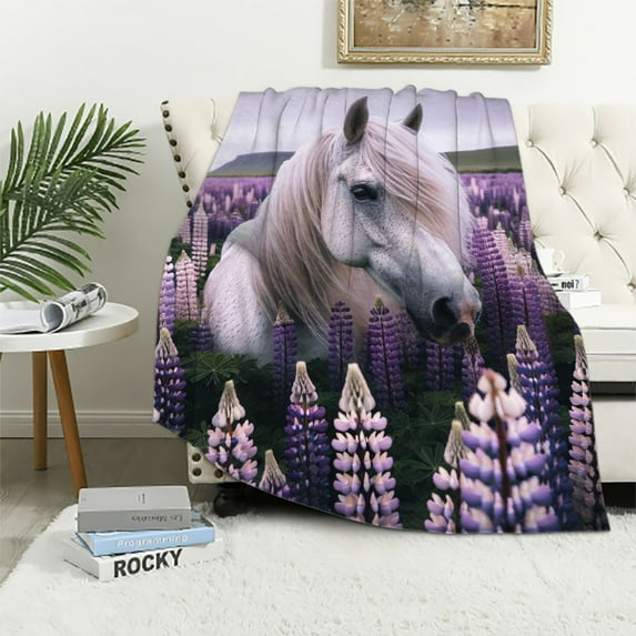 COMIO Arabian Purebred Horse Blanket for Women Men Purple Lupine Flowers Freedom White Horse Gifts Spring Animal Farm Freedom Soft Warm Blanket for Bed Sofa Birthday Valentines Gifts