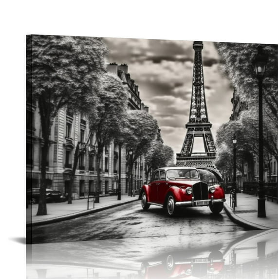 COMIO Artmy Bay Wall Art Gray Eiffel Tower Canvas Print Red Car Picture Romantic Wall Art Work Living Room and Bedroom Decoration