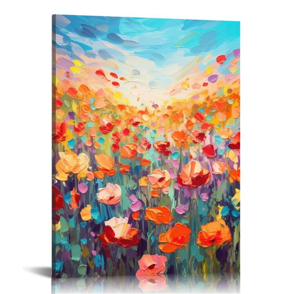 COMIO Arts Flower Pictures Wall Decor Hand Painted  Light Blue Yellow Red and White Canvas Oil Paintings Modern Big Horizontal Artwork for Living Room Bedroom Nursery Decoration