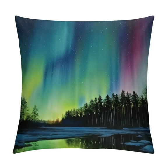 COMIO Aurora Throw Pillow Cushion Cover, Sky Over Lake Surrounded Forest Woods Hemisphere Print, Decorative Square Accent Pillow Case,Violet Green