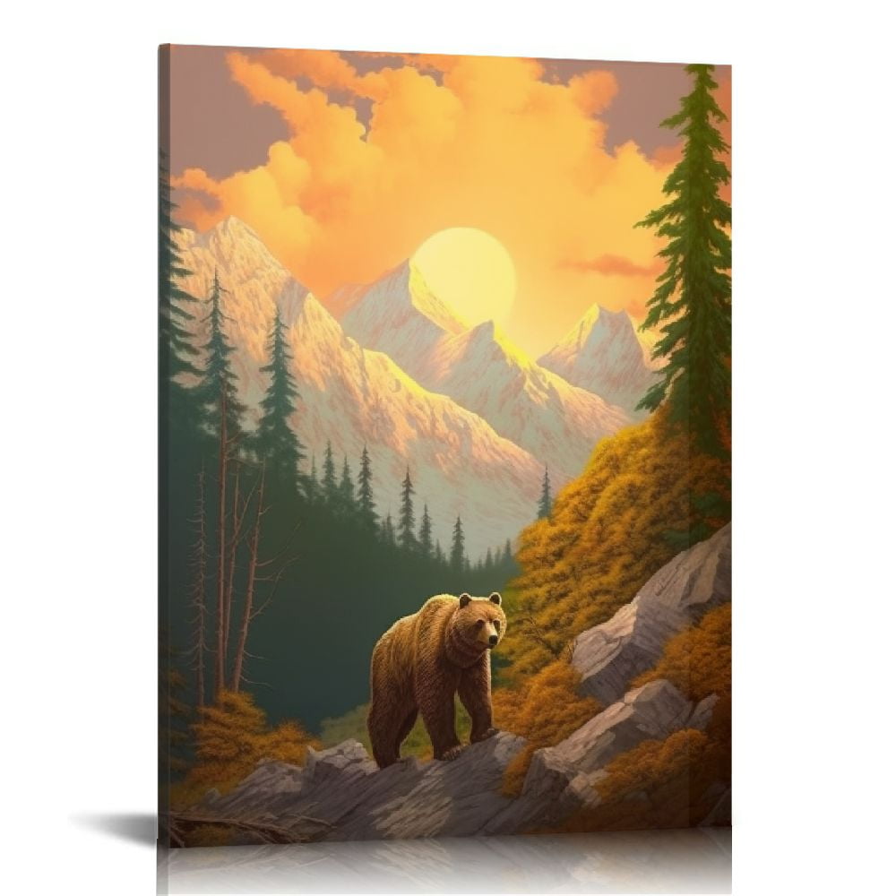 COMIO Autumn Forest Mountain Wall Art Bear Canvas Picutres for Bedroom ...