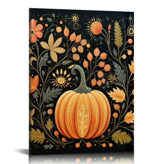 COMIO Autumn Pumpkin Wall Art for Living Room/Bedroom, Canvas Bathroom Decor Wall Art Kitchen Office Framed Wood Oil Painting Picture, Fall Eucalyptus Wildflower Thanksgiving