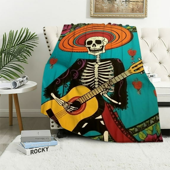 COMIO Aztec Skull Blanket Bohemian Skeleton Dance Sherpa Blanket Adults Mexico Style Blanket Throw Exotic Indian Tribal Fuzzy Blanket for Kids Boys Girls Room Decor Ultra Soft Throw Teal
