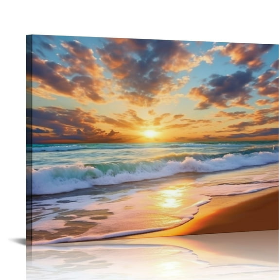 COMIO BK1875 Wall Art Decor Large Canvas Print Picture Sunrise Ocean Beach 1 Panel Waves Scenery Painting Artwork for Office Wall Decor Home Decoration Stretched and Framed Rea20 x 16in