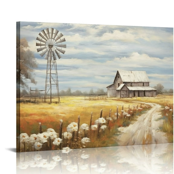 COMIO Barn Framed Wall Art Decor: Rustic Farmhouse Wooden Picture Country Windmill Meadow Landscape Painting Blue Sky and Wild Flowers Prints Artwork for Bedroom Kitchen