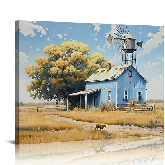 COMIO  Barn Picture Farmhouse Canvas Wall Art Farm Teal Old Barn Windmills Painting Prints Vintage Rustic Country Decor Framed