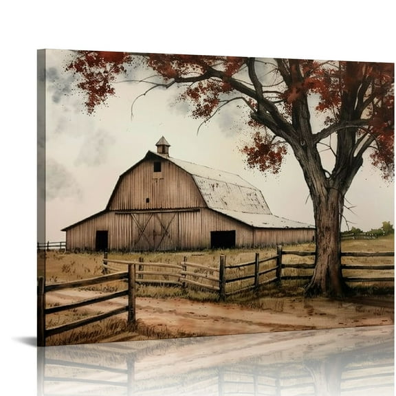 COMIO  Barn Pictures Wall Decor Old Farmhouse Canvas Wall Art Rustic Red Barn Painting Print Living Room Kitchen Decor Frame