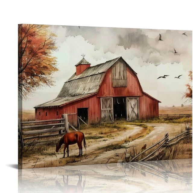 COMIO Barn Pictures Wall Decor Old Farmhouse Canvas Wall Art Rustic Red ...