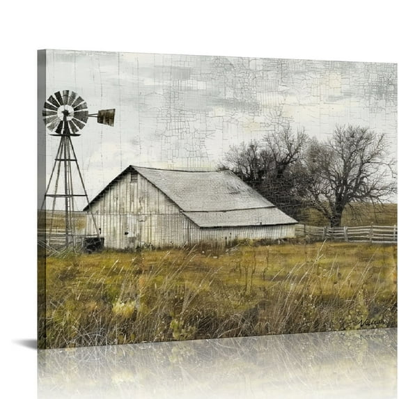 COMIO Barn Wall Art Decor Picture: Bedroom Framed Farmhouse Wooden Painting Rustic Horizontal Country Landscape Farm Windmill Print Long Panoramic Nature Scene Countryside Artwork for Bathroom