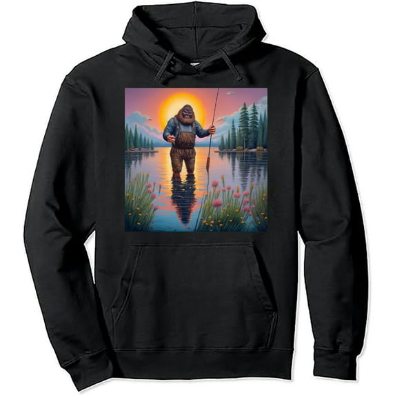 COMIO Bassquatch! Funny Fishing Outdoor Retro Pullover Hoodie, Long Sleeve