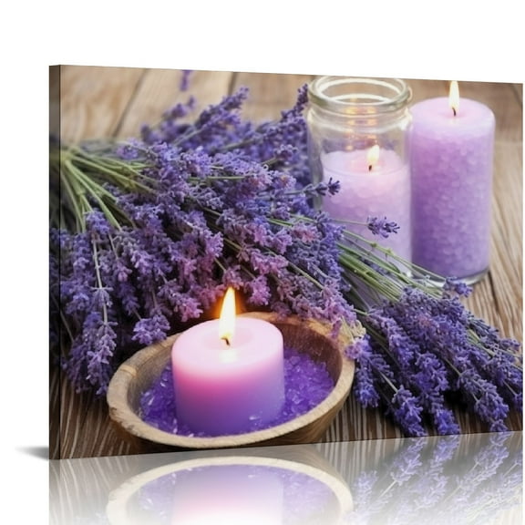 COMIO Bathroom Canvas Wall Art Purple Lavender Theme Modern Flowers Painting Pictures for Bedroom Wall Decor Vintage Framed Artwork for Office Kitchen Rustic Wall Decor for Wall  Purple and Gray