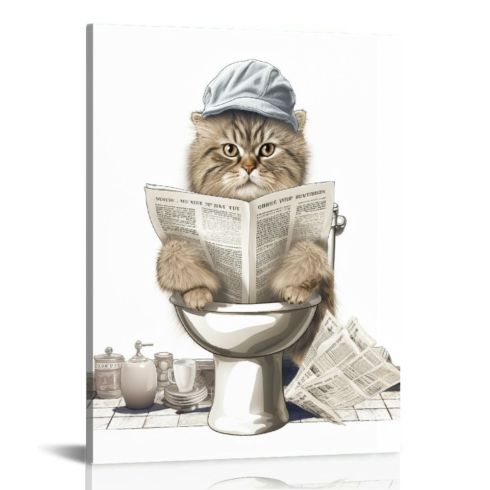 COMIO Bathroom Cat Wall Art Cute Cat Sitting on Toilet Reading ...
