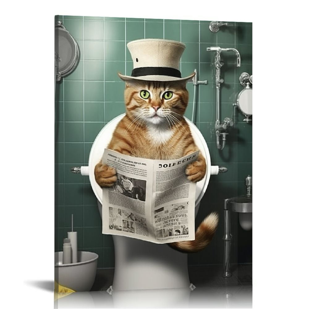COMIO Bathroom Decor Canvas Wall Art Cute Cat Sitting in Toilet Reading ...