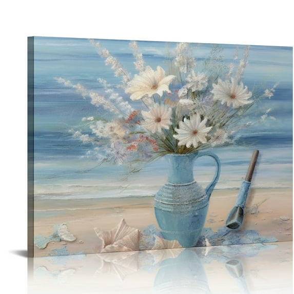COMIO Bathroom Decor Wall Art Blue Beach Picture Ocean Theme Flower Canvas Print Modern Coastal Seascape Painting Framed Seaside Artwork Floral Daisy in Indian Vase for Home Sea Lake Bedroom