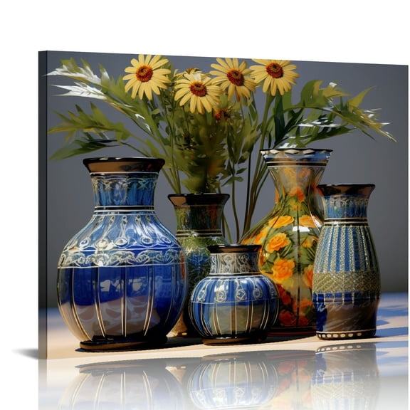 COMIO Bathroom Decor, Wall Art Blue Beach Picture Ocean Theme Flower Canvas Print, Modern Coastal Seascape prints Framed, Seaside Artwork Floral Daisy, Art prints, Wall