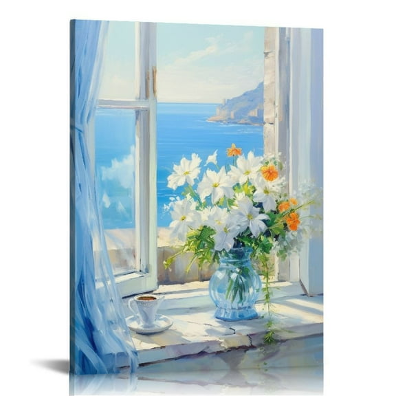 COMIO Bathroom Decor, Wall Art Blue Beach Picture Ocean Theme Flower Canvas Print, Modern Coastal Seascape prints Framed, Seaside Artwork Floral Daisy, Gift, Print