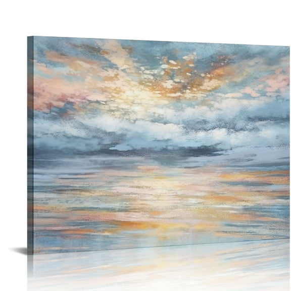 COMIO Bathroom Wall Art Abstract Canvas Art Print Framed Modern Blue Ocean Picture Small Coastal Sunset & Sunrise Artwork for Sea Lake Themed Home Bedroom Décor