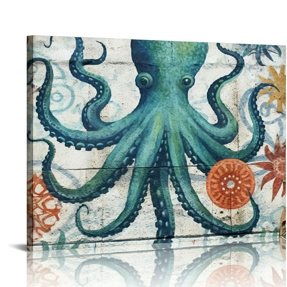 COMIO Bathroom Wall Art Beach Decoration Ocean Octopus Canvas Picture Coastal Room Decoration Bathroom Accessories Retro Modern Navigation Painting Bedroom Home Decoration
