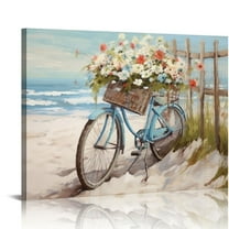 COMIO Beach Canvas Wall Art for Bathroom Ocean Pictures Seaside Bicycle Canvas Print Seascape Painting Framed Teal Aqua Blue Calming Shoreside Artwork for Modern Coastal Themed Lake Home Bedroom