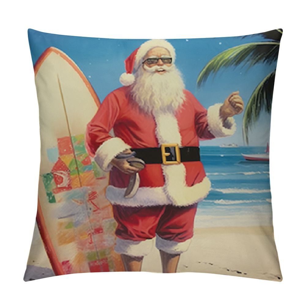 COMIO Beach Christmas Pillow Covers Santa Claus with Surfboard
