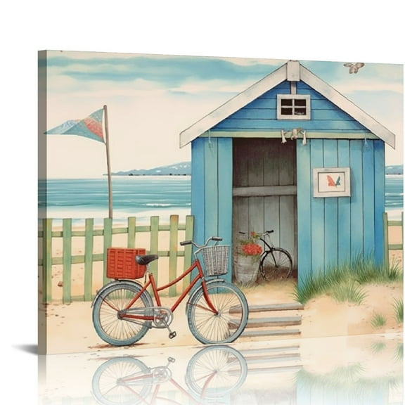 COMIO Beach Coastal Bathroom Wall Art Sea Turtle Bicycle Pictures Ocean Nautical Seascape Wall Decor Beach Turtle Canvas Painting Framed Artwork for Bathroom Bedroom Living Room