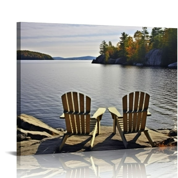 COMIO Beach and Seascape picture Modern Canvas Wall Art for Home Decoration, Photo Canvas Print Adirondack Chairs At Lake Shore landscape, Stretched and Framed, Ready to Hang