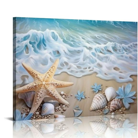 COMIO Beach Seashell Bathroom Wall Art Coastal Floral Pictures Wall Decor Flower Starfish Canvas Painting Modern Home Decorations Artwork for Bedroom Living Room Office