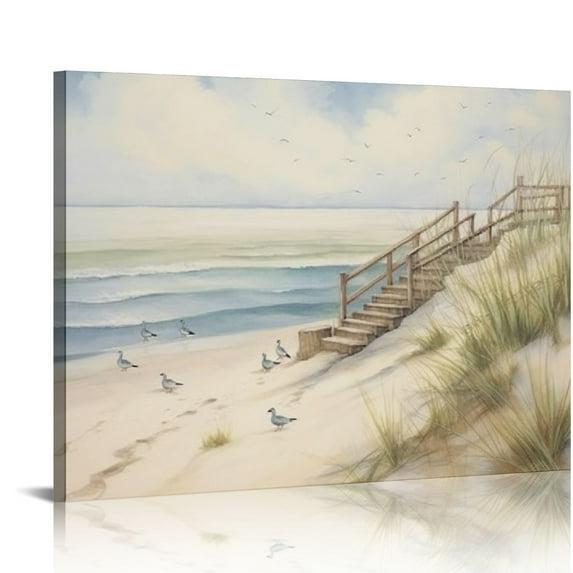 COMIO Beach Stairs Canvas Wall Art Print, Bird Artwork