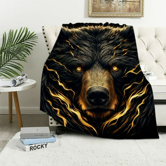 COMIO Bear Gifts Blanket, Cool Black Gold Fire Lightning Bear Blanket, Bear Gifts for Adults/Students, Cool Animal Print Throw Blanket, Plush Bear Throw Blanket