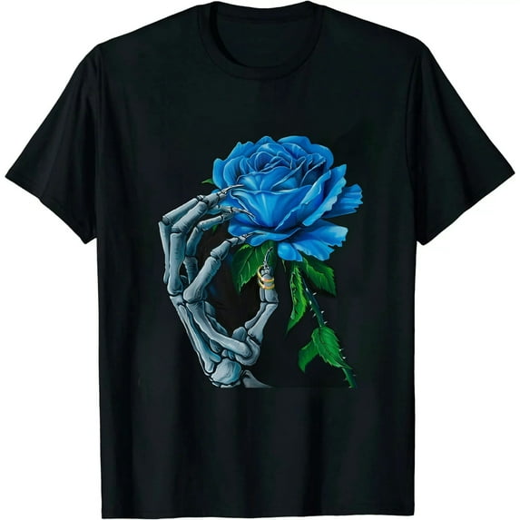 COMIO Beautiful Blue Single Peony Flower Thin Gray Skeleton Hand T-Shirt