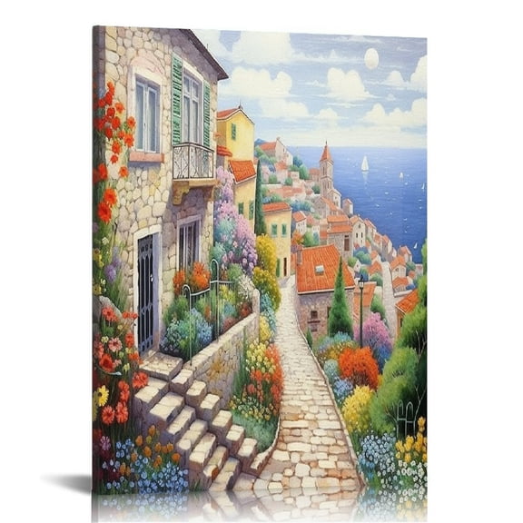 COMIO Beautiful Modern Art Watercolor Painting Italian town Canvas Print Wall Art  Living room Office, Art Abstract City Landscape Watercolor Picture Canvas Wall Art Print