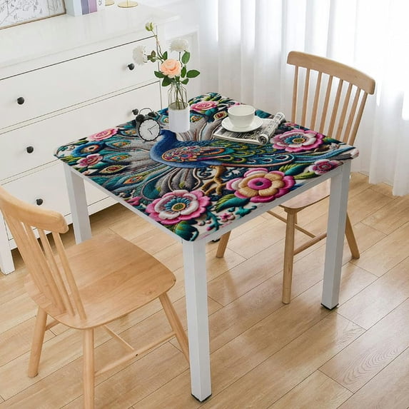 COMIO Beautiful Peacock with Tropical Japanese Flowers Tree Spring Surface Textures Decorative Rectangular Outdoor Picnic Camping and Indoor Kitchen Dining Party Tablecloth White