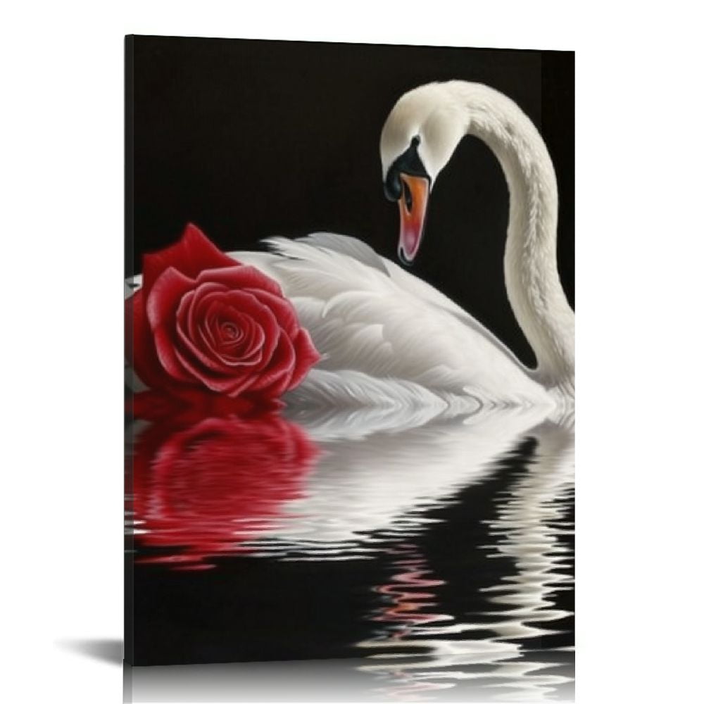 COMIO Beautiful Romantic Swans Art Print on Canvas Red Rose Flowers Wall Art Decor for Bedroom