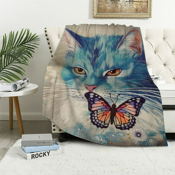 COMIO Bed Sleepy Cat Watercolor Butterfly Little Cute Animal Funny Lovely Flannel Blanket Throw White