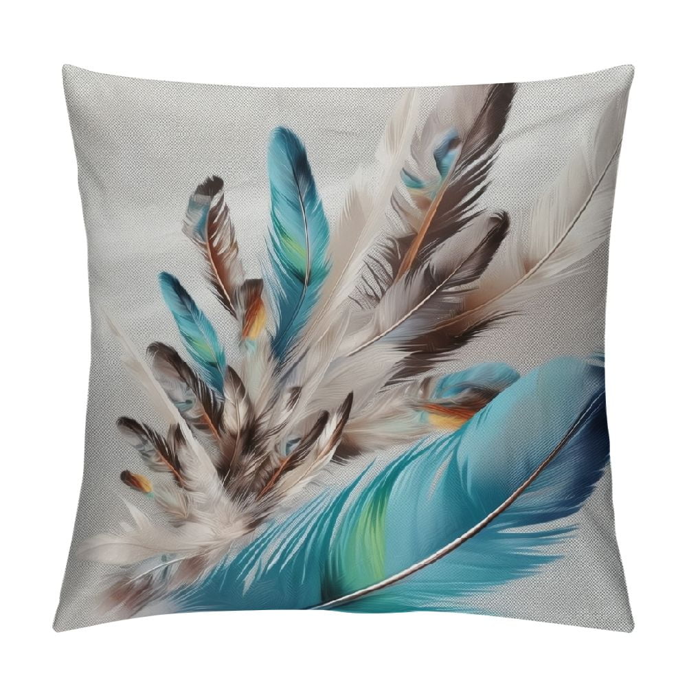 COMIO Bird Feather Throw Pillow Cover Teal Brown Turquoise Feather